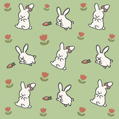 Fototapeta premium Cute Bunny Seamless Pattern with Carrots – Hand Drawn Rabbit Background