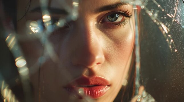 High-fashion model looking broken/frosted glass window, face partially reflected. Soft, dramatic lighting reflections refractions, artistic editorial styling cinematic angles shallow focus 4K abstract