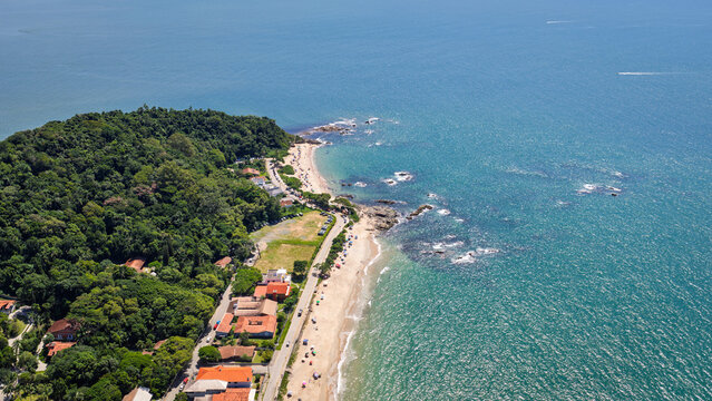 Aerial view of Praia da Bacia da Vov&oacute; and Praia da Saudade with rocky shoreline in Penha, Brazil.
