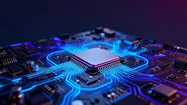 Circuit board with glowing neon lines