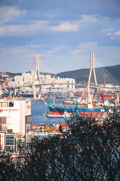 Industrial Landmark of South Korea: Busan Harbor and Bukhang Bridge with Container Terminal