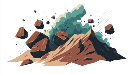 Fototapeta premium Dynamic cartoon illustration of a massive landslide on a mountain, large boulders and dust clouds tumbling down the slope, flat design with simple shapes and bold colors, action lines indicating