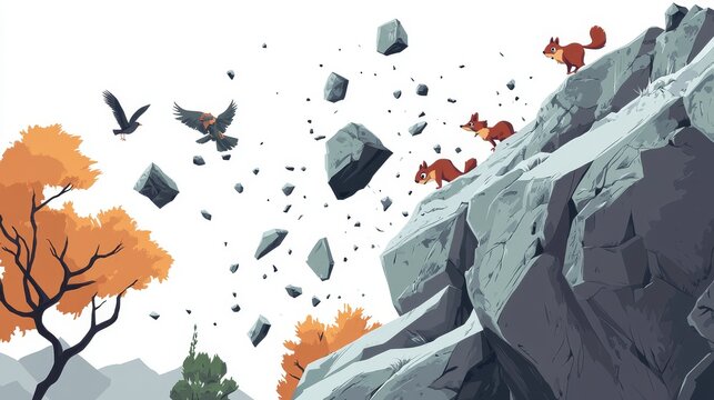 Cartoon scene of a steep mountain cliff during a rockslide, with frightened cartoon animals like a squirrel and a bird fleeing from the falling boulders, flat color illustration with a clear sense of