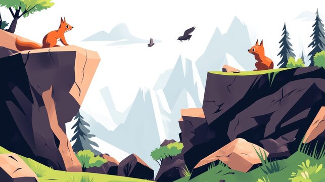 Cartoon scene of a steep mountain cliff during a rockslide, with frightened cartoon animals like a squirrel and a bird fleeing from the falling boulders, flat color illustration with a clear sense of
