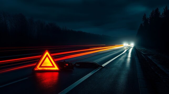 Dramatic night-time photo of a car broken down on a dark highway, its headlights illuminating a red warning triangle on the road, long exposure creating light trails from passing cars in the