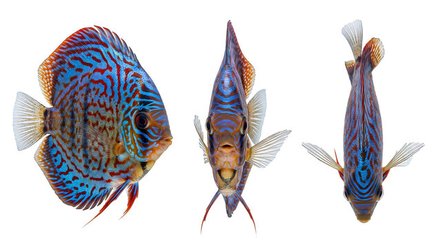 Blue Turquoise Discus fish multi-angle views isolated on white background.