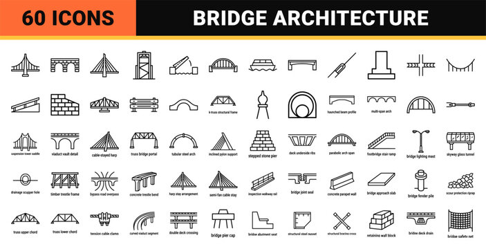 Civil Engineering Infrastructure and Bridge Architecture Minimalist Geometric Outline Icon Set for Urban Planning and Structural Design.