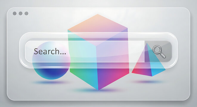 Modern Transparent Glass Search Bar Interface Component Vector Illustration Featuring Sleek Frosted Web Button Page Frame Element for Minimalist Website Navigation User Experience Design