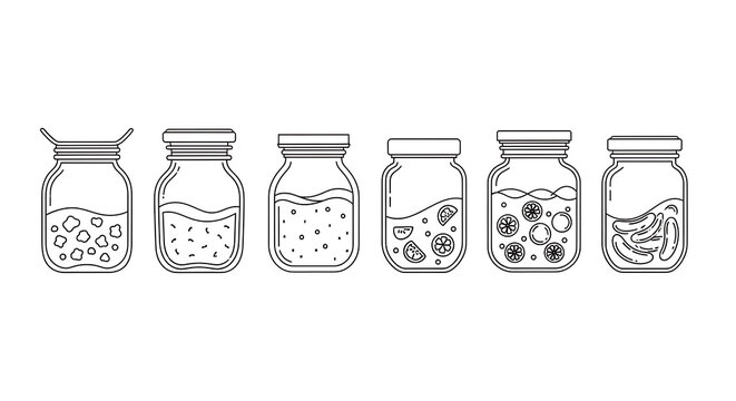 Elegant glass jar line icon collection featuring various shapes for homemade fruit preserve jam jelly and honey storage containers for pantry organization and kitchen culinary branding