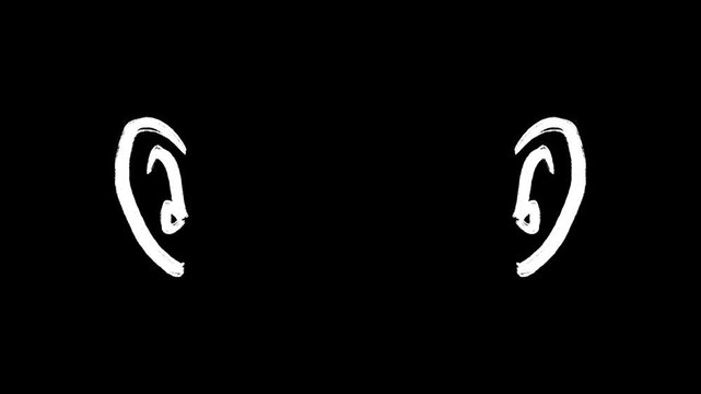 Hand-Drawn Scribble Ears on Black Background, Hearing Concept, Listening Symbol, Minimalist Doodle Illustration, Abstract Line Art, 4K Video Overlay.