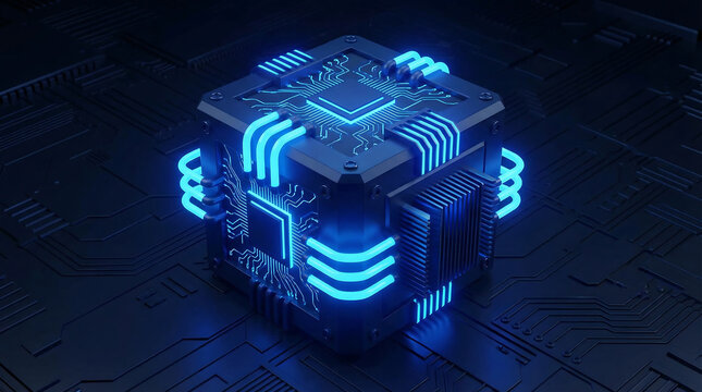 Glowing blue computer chip processor on motherboard 4k , Generative AI.