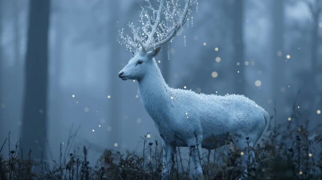 Elegant white deer standing mystical forest, antlers covered transparent pastel crystals, soft fog drifting, glowing fireflies, ethereal fantasy lighting cinematic haze, serene magical atmosphere, 4k