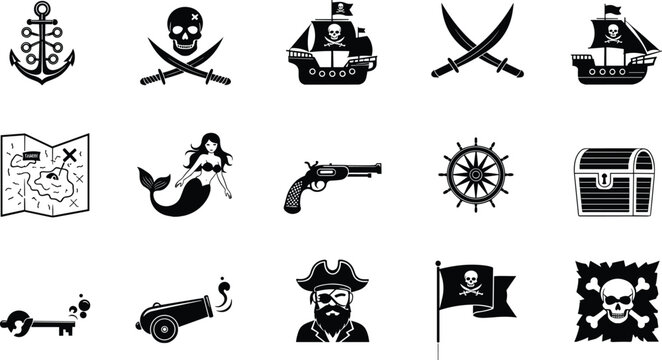 pirate adventure icon set vector, nautical symbols illustration, skull anchor ship treasure map cannon, ocean theme, vintage maritime collection