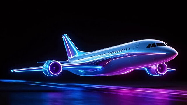 Neon glowing airplane in flight
