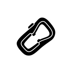 Fototapeta premium Black carabiner clip used for harnesses, shown isolated on a clean white background, highlighting its sleek and sturdy design