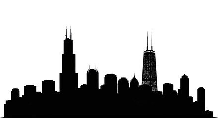 Obraz premium detailed black vector silhouette of the chicago skyline featuring willis tower and tribune tower, isolated on a transparent background with negative copy space. concept of urban identity and