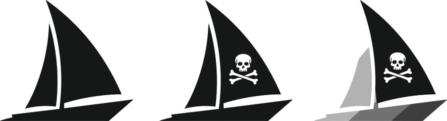 pirate sailboat silhouette vector, nautical ship illustration, skull flag design, ocean adventure symbol, sea transport icon, minimalist boat graphic © Anamul Arafat