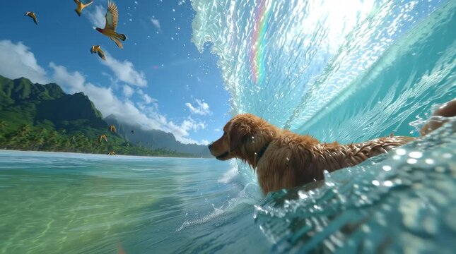 Golden retriever surfing giant rainbow wave tropical paradise, vivid crystal-clear water, sun glinting waves, distant lush green islands flying parrots exotic birds cinematic POV camera bright summer