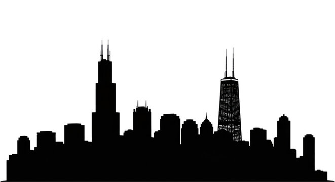 detailed black vector silhouette of the chicago skyline featuring willis tower and tribune tower, isolated on a transparent background with negative copy space. concept of urban identity and