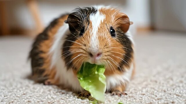 Guinea Pig Eating Fresh Green Lettuce on a Cozy Carpet Indoors