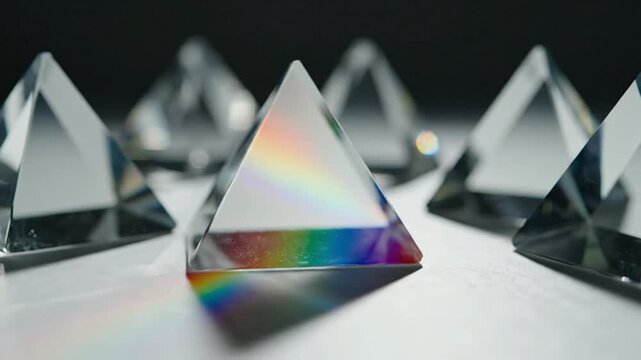 Glass Pyramid refracting light into rainbow spectrum, scientific education and optics concept