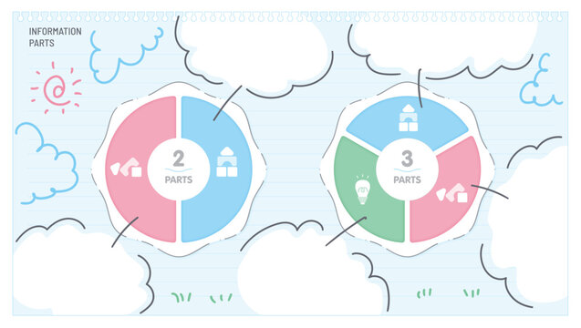 Infographic Template for Education and Business Data Visualization with 2 and 3 Parts Circular Charts Cloud Background Vector