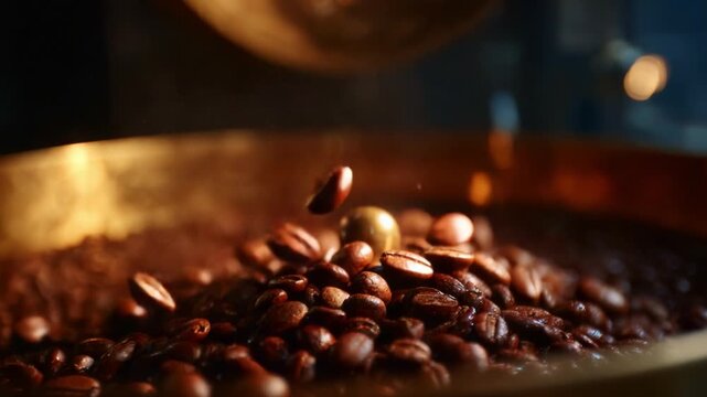 Freshly roasted coffee beans falling into a copper tray, close-up dynamic motion footage showcasing aromatic coffee production