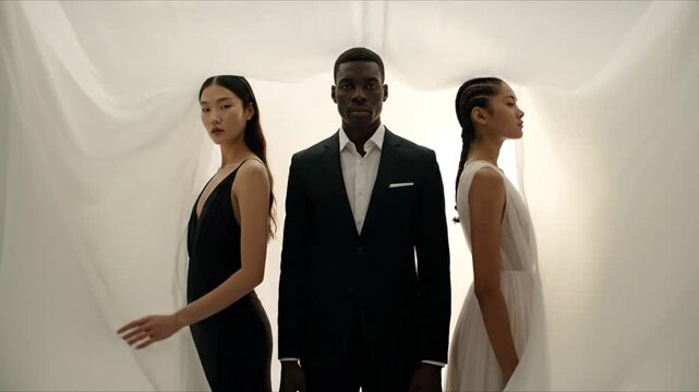 Diverse models in elegant attire standing against flowing white fabric