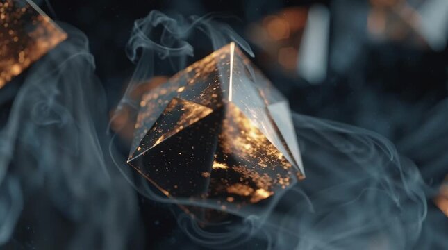 Suspended geometric smoke shapes cube, pyramid, sphere metallic gold, silver copper sheen, swirling floating slow motion, deep matte black background directional lighting textures, cinematic abstract