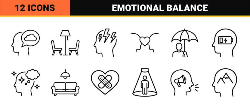 Mental Health and Psychological Wellness Icon Set featuring Minimalist Geometric Line Art for Therapy, Counseling, and Self-Care Apps.