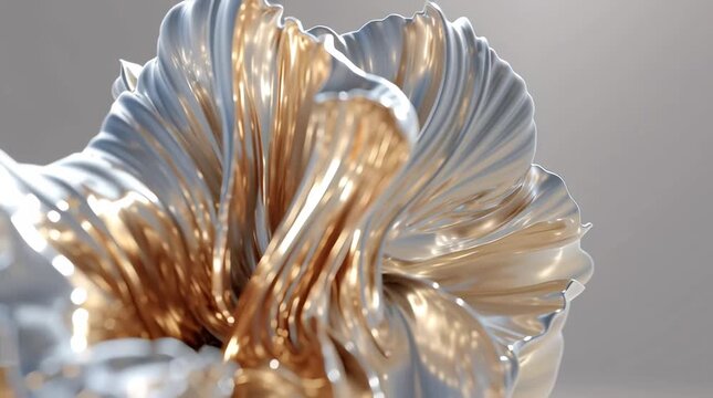 Close-up liquid metal transforming blooming abstract flowers, slow-motion, reflective metallic textures cinematic lighting glows morphing flowing movements, minimalistic 4K surreal artistic luxury