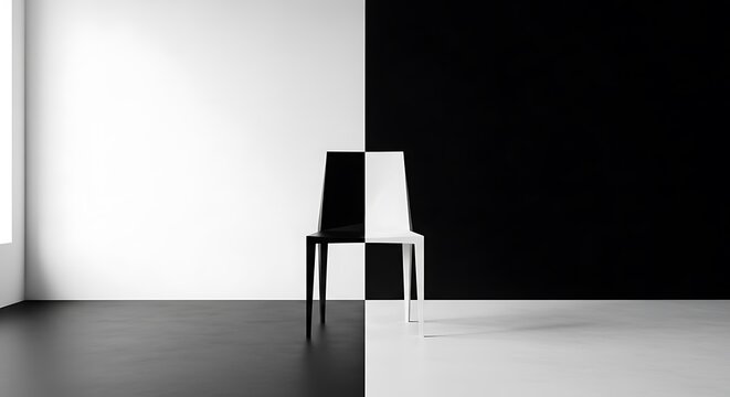 A single modern chair perfectly bisected by a sharp vertical line dividing the black and white background planes creates a striking visual contrast in an empty room setting