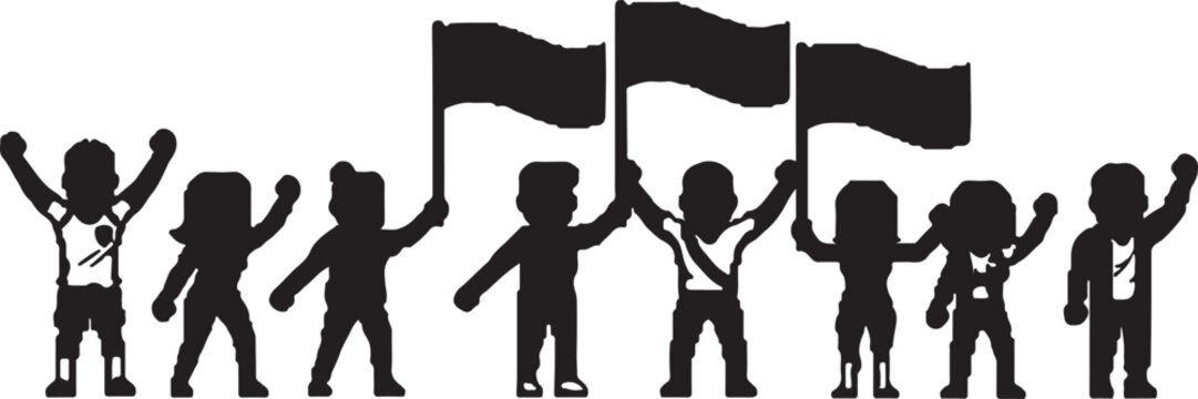 A black silhouette of a diverse group of people cheering and holding flags in a unified display