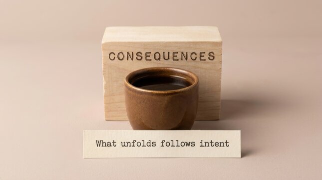 Wooden block with the word Consequences, a small cup of dark liquid, and a slip of paper reading 'What unfolds follows intent'.