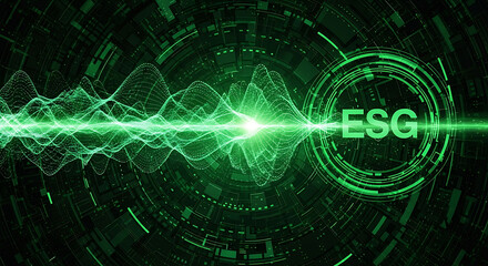 Fototapeta premium Futuristic digital artificial intelligence data stream with glowing green fiber optic waves on a dark black background featuring abstract tech dot line patterns and big flowing energy