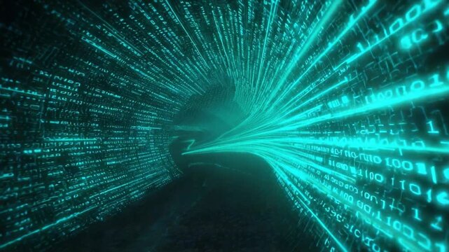 Abstract data tunnel motion through digital cyber space with glowing neon binary codes and fast light streams
