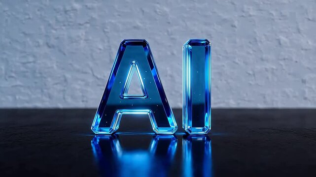 Blue AI letters on reflective surface