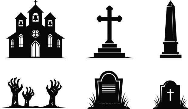 Cemetery and church silhouette collection with cross, gravestone, monument and zombie hands isolated on white background, spooky Halloween vector illustration set