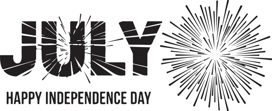 A black and white graphic design featuring the word july with a firework burst for independence day