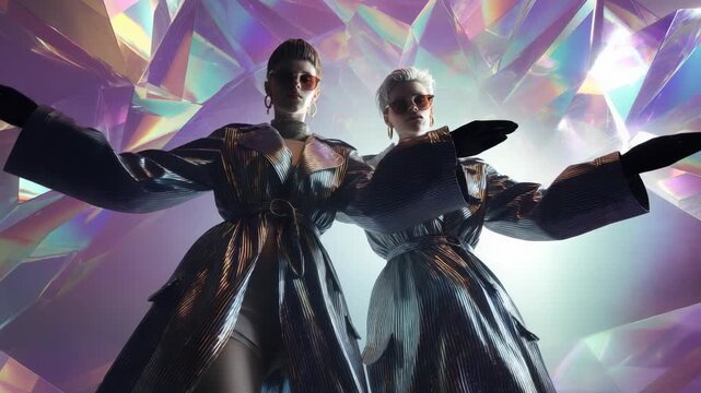 Two women with sunglasses in shiny metallic coats with wide sleeves posing against a futuristic holographic crystal background, studio shot