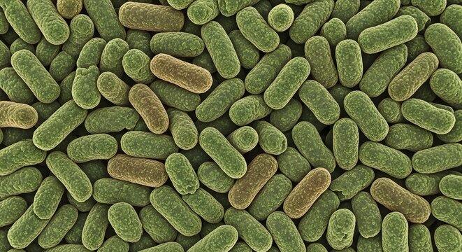Scanning electron micrograph showing a dense collection of rod shaped bacteria in green and brown