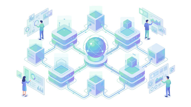 Isometric Healthcare SaaS Platform with Data Analytics Dashboard and Medical Technology Network, Doctors Analyzing Patient Information on Digital Interface