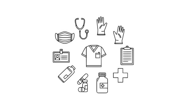Healthcare outline icon circle with medical tools stethoscope mask gloves and badge vector