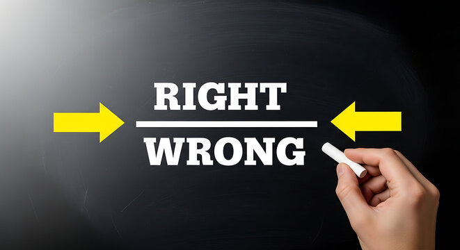 Hand writing right vs wrong on blackboard with yellow arrows