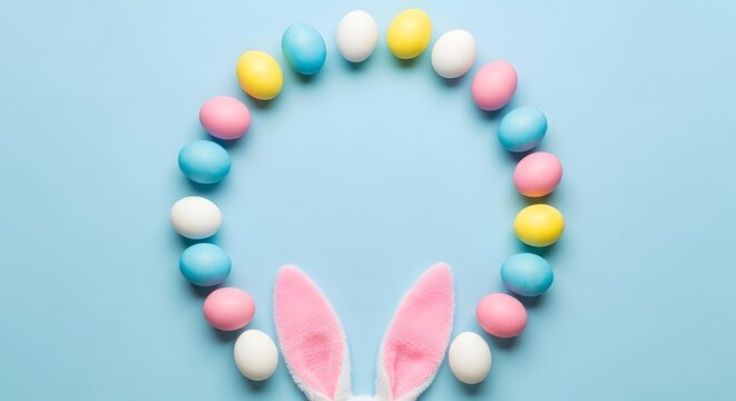 A circular frame of colorful easter eggs arranged on a light blue background with bunny ears below