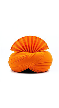 Bright orange Sikh turban elegantly folded and isolated on a clean white background, showcasing traditional craftsmanship and vibrant color