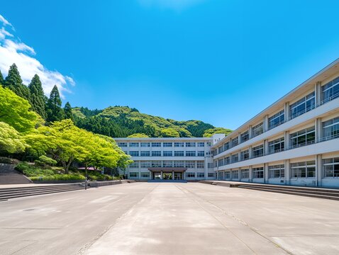 青空の下に広がる山々と豊かな緑に囲まれた中学校の校舎と開放的なコンクリートの校庭