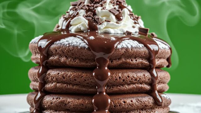 Decadent Chocolate Souffle Pancakes Stacked High Drizzled With Rich Chocolate Sauce Topped With Whipped Cream And Chocolate Shavings Isolated On A Vibrant Green Background With Steam Rising In A