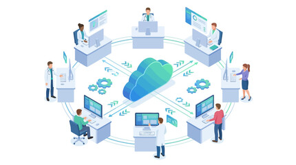 Fototapeta premium Isometric Healthcare Cloud Computing Platform with Medical Team Connected to Digital Health Data Network for Hospital SaaS Technology Solutions