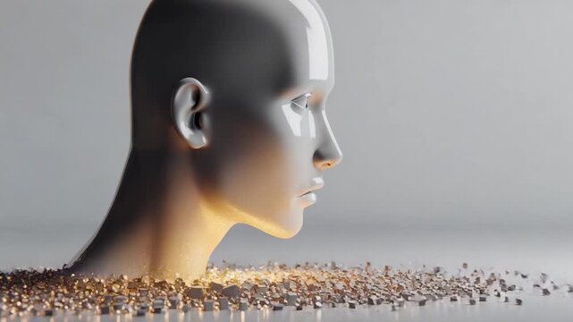 Abstract concept of artificial intelligence breaking apart, futuristic AI brain dissolving into cubes